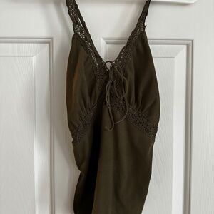 Dark olive green women's halter top with crocheted trim (vintage 90s)